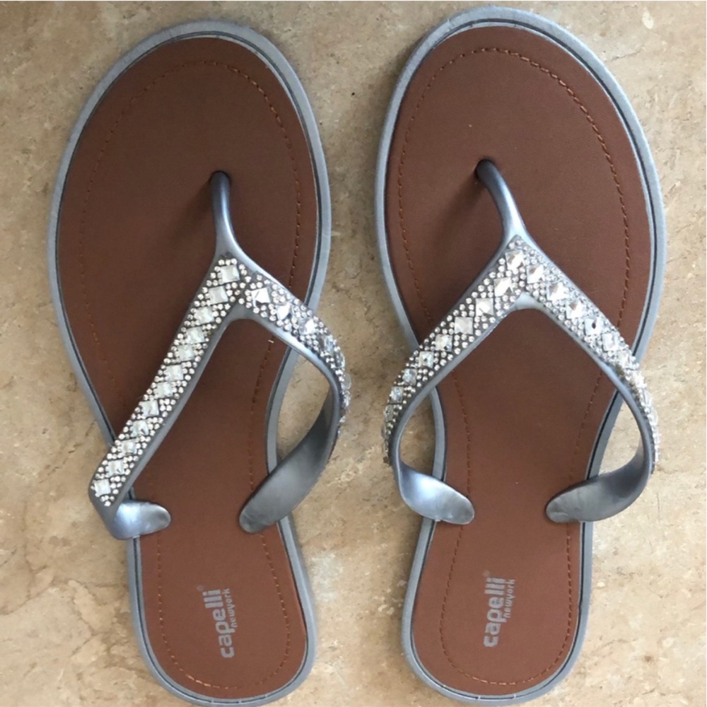 Capelli of New York Brown Footbed Silver T-Strap Beaded Sandals